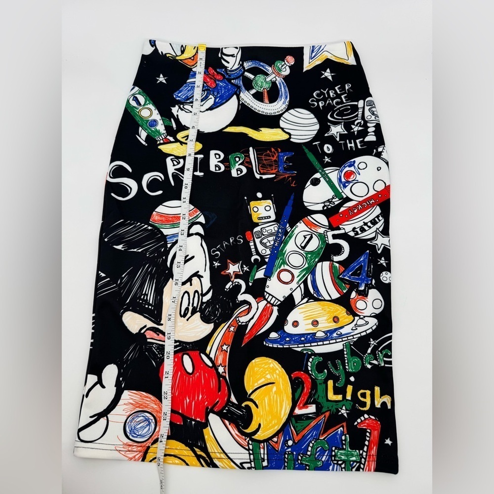 Disney Mickey Scribble Space Print Midi Pencil Skirt | Graphic Cartoon Pop Art - Picture 3 of 6